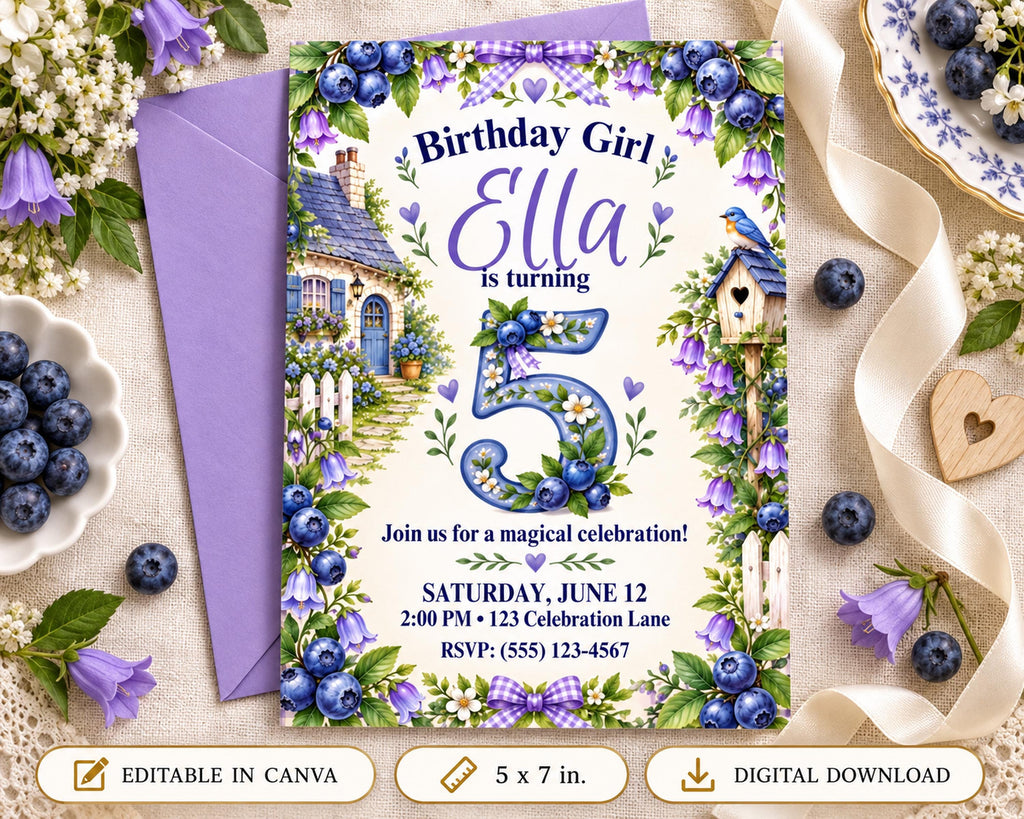 A birthday invitation for a girl named Ella, featuring a house and blueberries as the main design elements. The invitation is surrounded by various decorative items, such as flowers, a heart, and a bowl of blueberries.