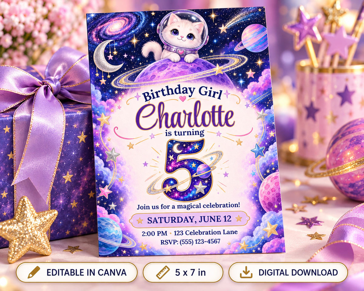 A birthday party invitation for a girl named Charlotte, who is turning 5 years old. The invitation features a space theme with stars, planets, and a cat wearing a spacesuit. The invitation is for a magical celebration on Saturday, June 12th at 2:00 PM at 123 Celebration Lane, RSVP: (55) 123-4567. The invitation also includes options to edit the design in Canva and download the digital version.
