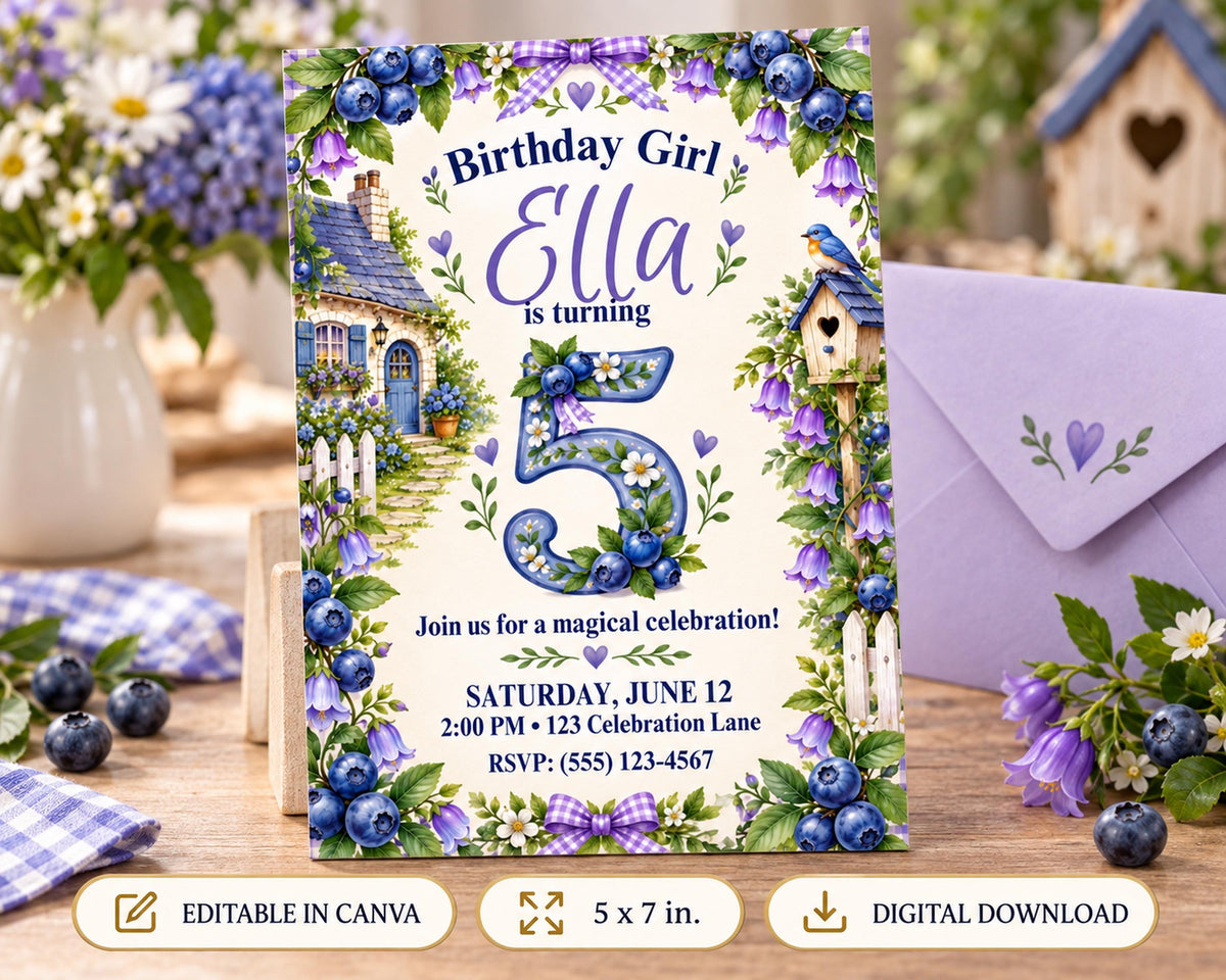 A birthday invitation for a girl named Ella, featuring a floral design and the number 5. The invitation is for a magical celebration on Saturday, June 12th at 2:00 PM at Celebration Lane.