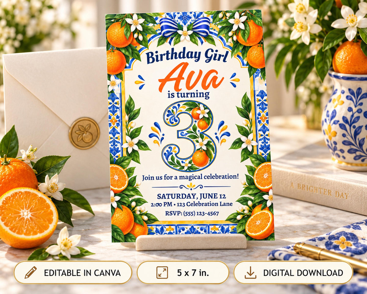 The image is a birthday invitation for a girl named Ava, featuring a colorful design with oranges and flowers. The invitation is placed on a table surrounded by oranges and flowers, and there is a vase nearby.