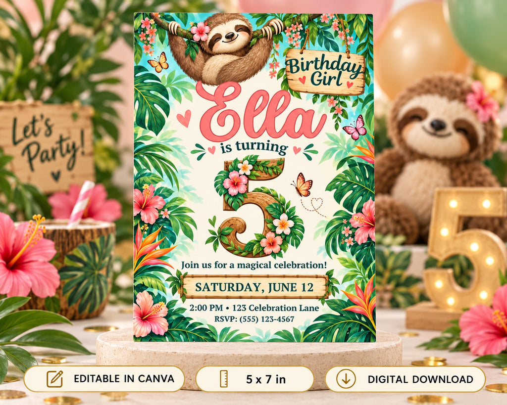 A birthday invitation for a girl named Ella, featuring a sloth, flowers, and tropical elements. The invitation is for a magical celebration on Saturday, June 12th at 2:00 PM at the Celebration Lane, RSVP: (555) 123-4567. The invitation is editable in canvas and can be digital download.