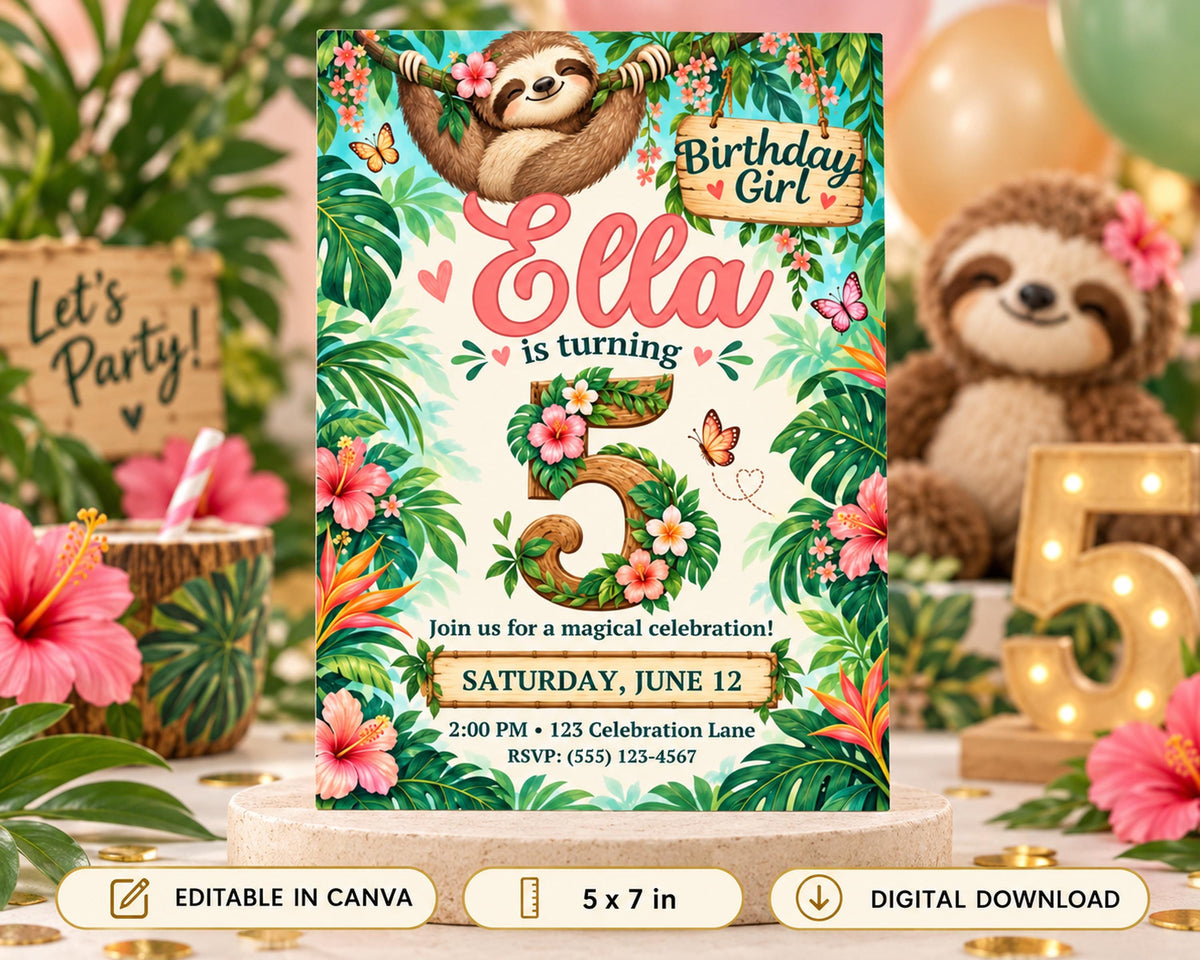 A birthday invitation for a girl named Ella, featuring a sloth, flowers, and tropical elements. The invitation is for a magical celebration on Saturday, June 12th at 2:00 PM at the Celebration Lane, RSVP: (555) 123-4567. The invitation is editable in canvas and can be digital download.