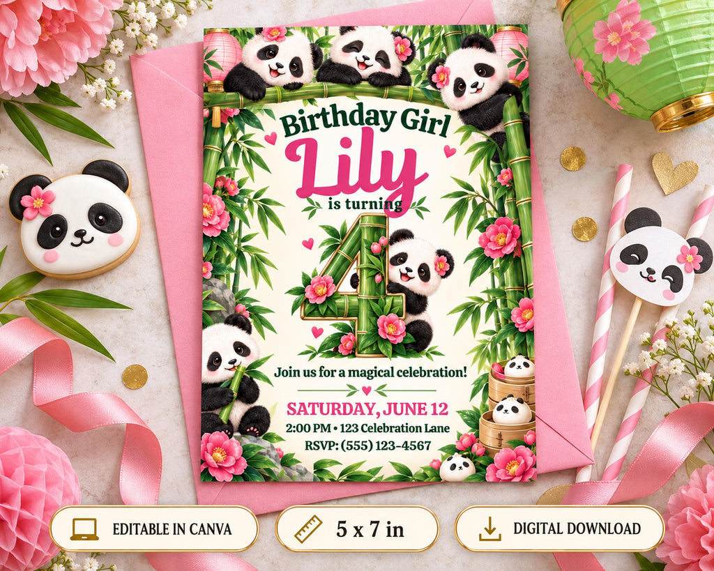 A birthday invitation for a girl named Lily, featuring a bamboo theme with panda bears and flowers. The invitation is surrounded by various party decorations, including panda-themed cookies and a green lantern.