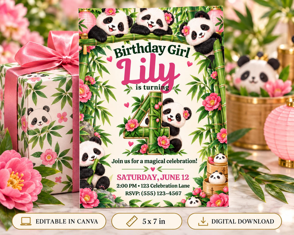 A birthday invitation for a girl named Lily, featuring a panda theme with floral decorations and the number 4.