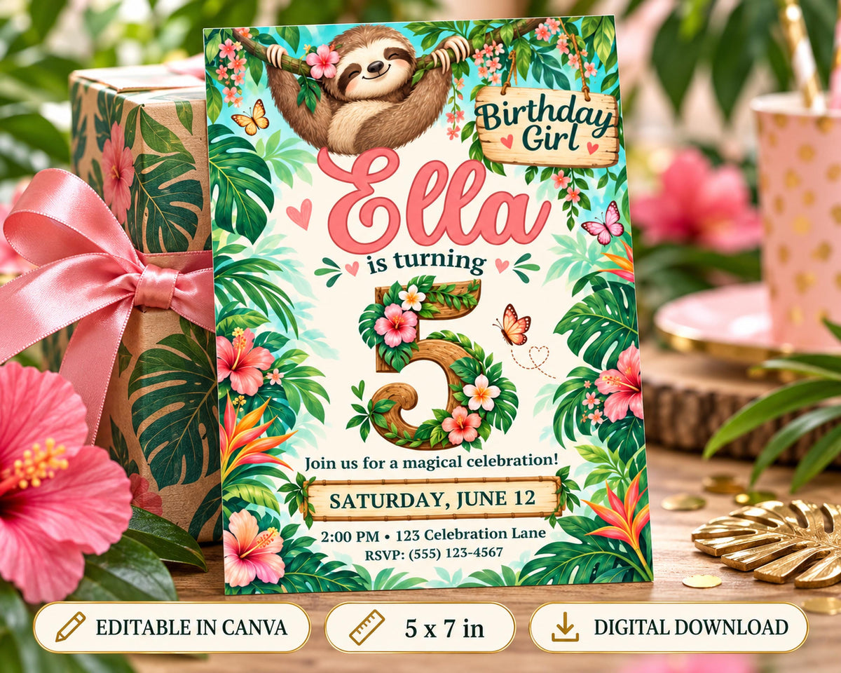 A birthday invitation for a girl named Ella, featuring a sloth, flowers, and tropical leaves, with the text "Birthday Girl Ella is turning 5" and the date "Saturday, June 12".
