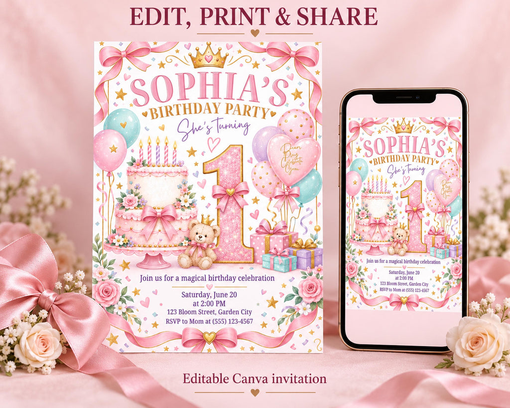 The image is a birthday party invitation for a girl named Sophia's 1st birthday party. The invitation features a pink and white color scheme with a teddy bear, balloons, and a cake. The text invites guests to a magical birthday celebration on Saturday, June 20 at 123 Easton Street, Garden City. The invitation also includes an invitation to a magical birthday celebration on Saturday, June 20 at 123 Easton Street, Garden City.