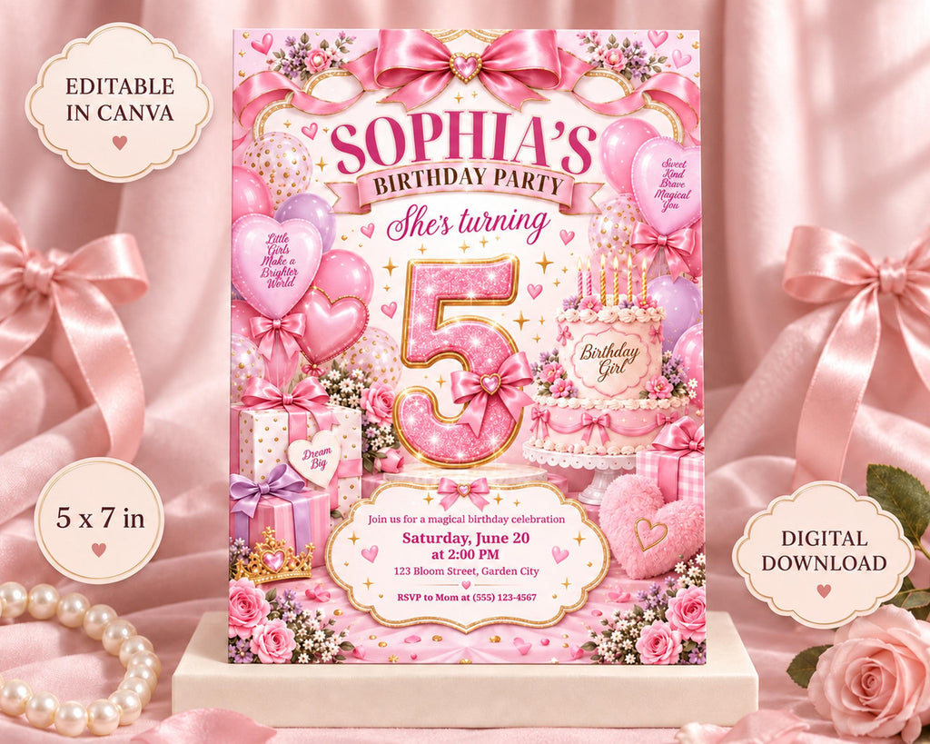 The image is a birthday party invitation for a girl named Sophia, featuring a pink and white color scheme with various decorative elements such as balloons, ribbons, and a cake.