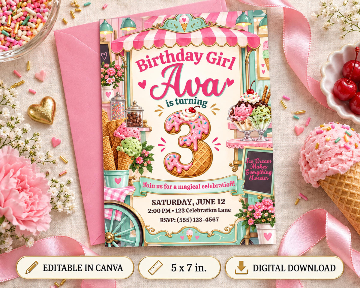 The image is a birthday invitation for a girl named Ava, which features a whimsical and colorful design with ice cream, flowers, and other decorative elements.