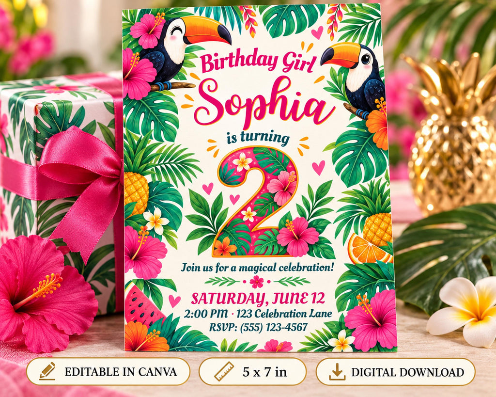 A colorful birthday invitation for a girl named Sophia, featuring tropical flowers, leaves, and a bird, with the text "Birthday Girl Sophia is turning 2" and the date "Saturday, June 12".