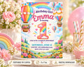 The image is a birthday invitation for a girl named Emma, featuring a whimsical and colorful design with hot air balloons, flowers, and a rainbow.