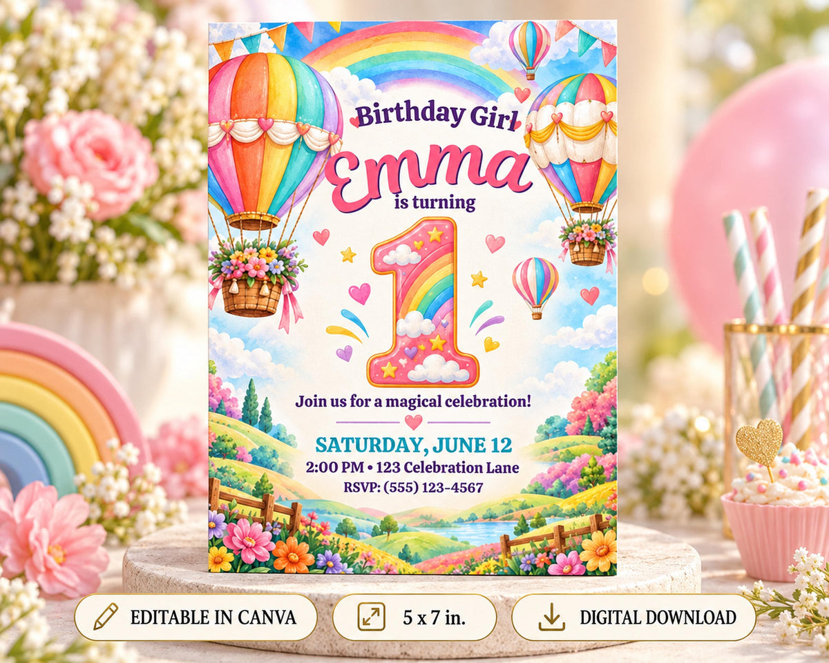 The image is a birthday invitation for a girl named Emma, featuring a whimsical and colorful design with hot air balloons, flowers, and a rainbow.