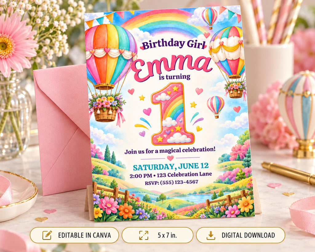 The image is a birthday invitation for a girl named Emma, featuring a whimsical and colorful design with hot air balloons, flowers, and a rainbow.