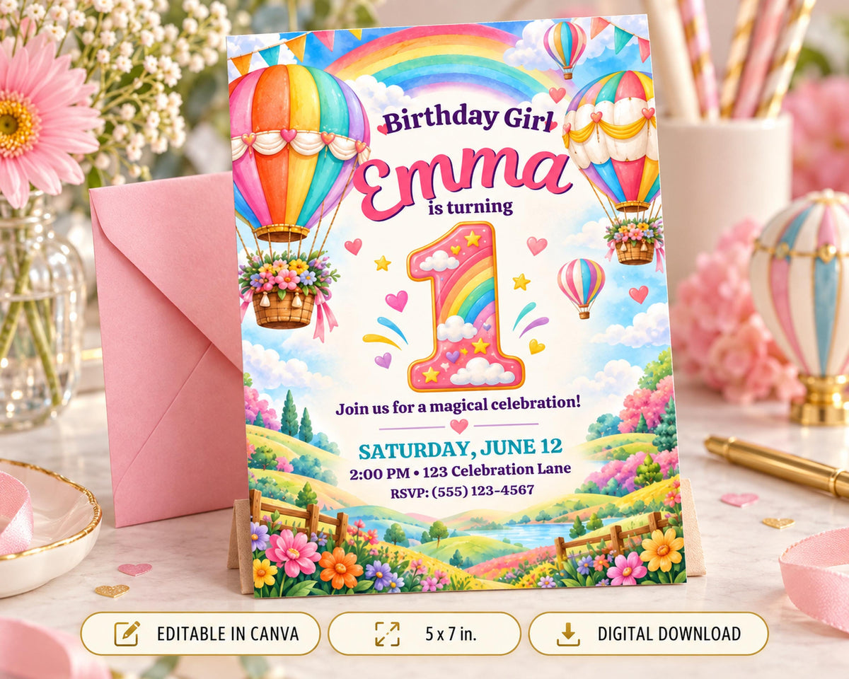 The image is a birthday invitation for a girl named Emma, featuring a whimsical and colorful design with hot air balloons, flowers, and a rainbow.