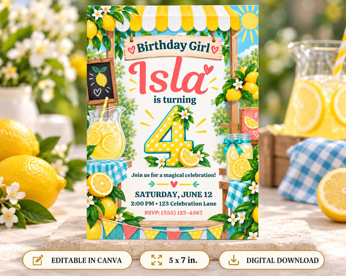 A birthday party invitation for a girl named Isla, celebrating her 4th birthday. The invitation features a lemon and flower theme, with illustrations of lemonade, lemons, and a lemonade stand.