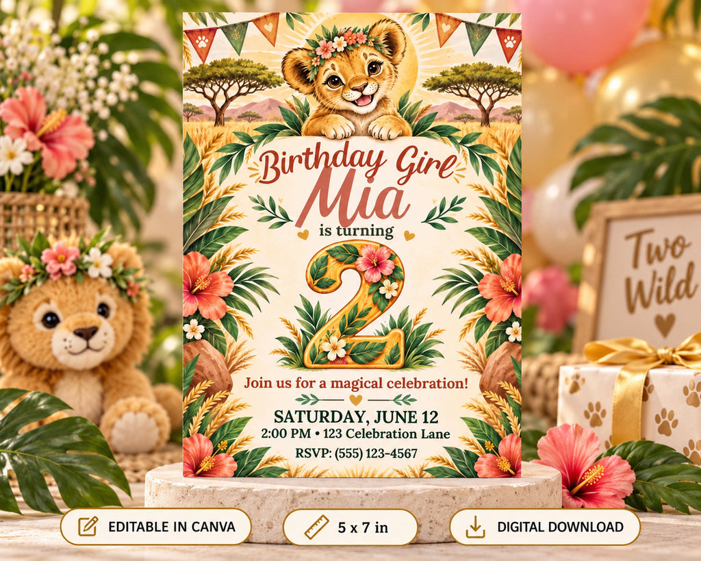 Birthday invitation for a girl named Mia, featuring a lion and floral design, with a teddy bear and balloons in the background.
