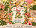 Birthday invitation for a girl named Mia, featuring a lion and floral design, with a teddy bear and balloons in the background.