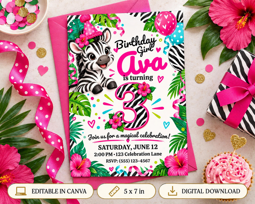 A birthday party invitation for a girl named Ava, featuring a zebra and tropical elements, with a pink and white color scheme.