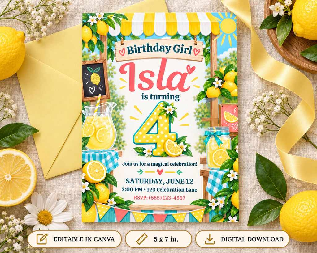 The image is a birthday invitation for a girl named Isla, featuring a lemon and lime theme with illustrations of lemonade, lemons, and flowers.