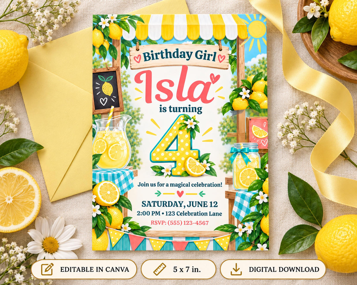 The image is a birthday invitation for a girl named Isla, featuring a lemon and lime theme with illustrations of lemonade, lemons, and flowers.