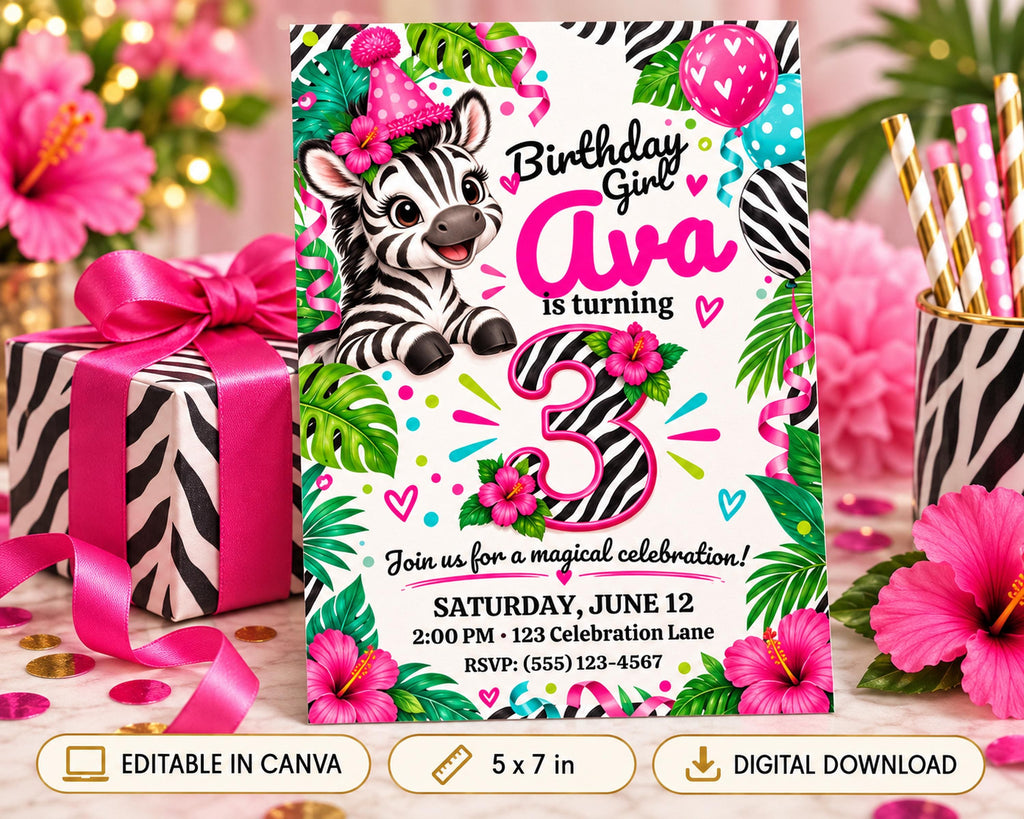 A birthday party invitation featuring a zebra and tropical flowers, with the text "Birthday Girl Ava is turning 3" and details about the celebration.