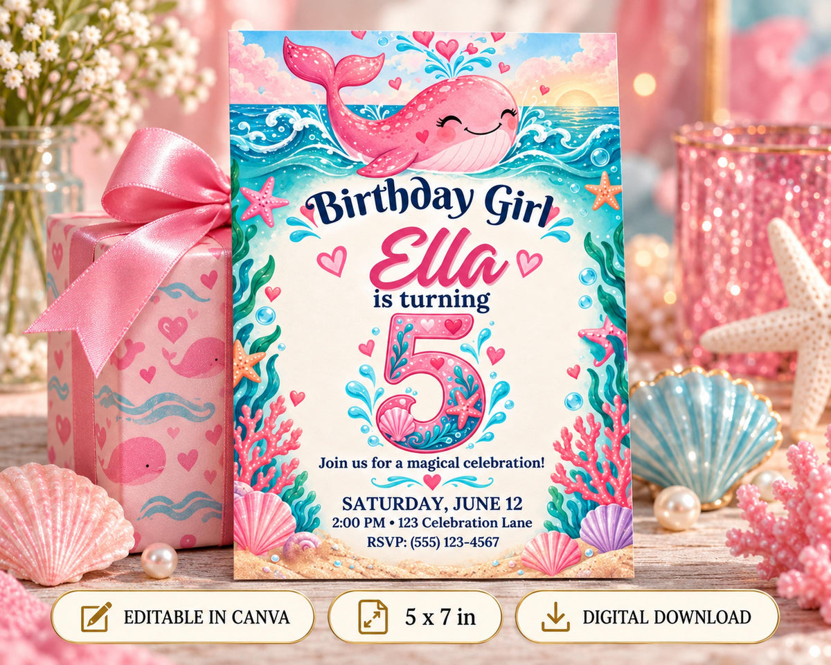 A birthday invitation for a girl named Ella, featuring a mermaid theme with a whale, seashells, and other ocean-themed decorations.