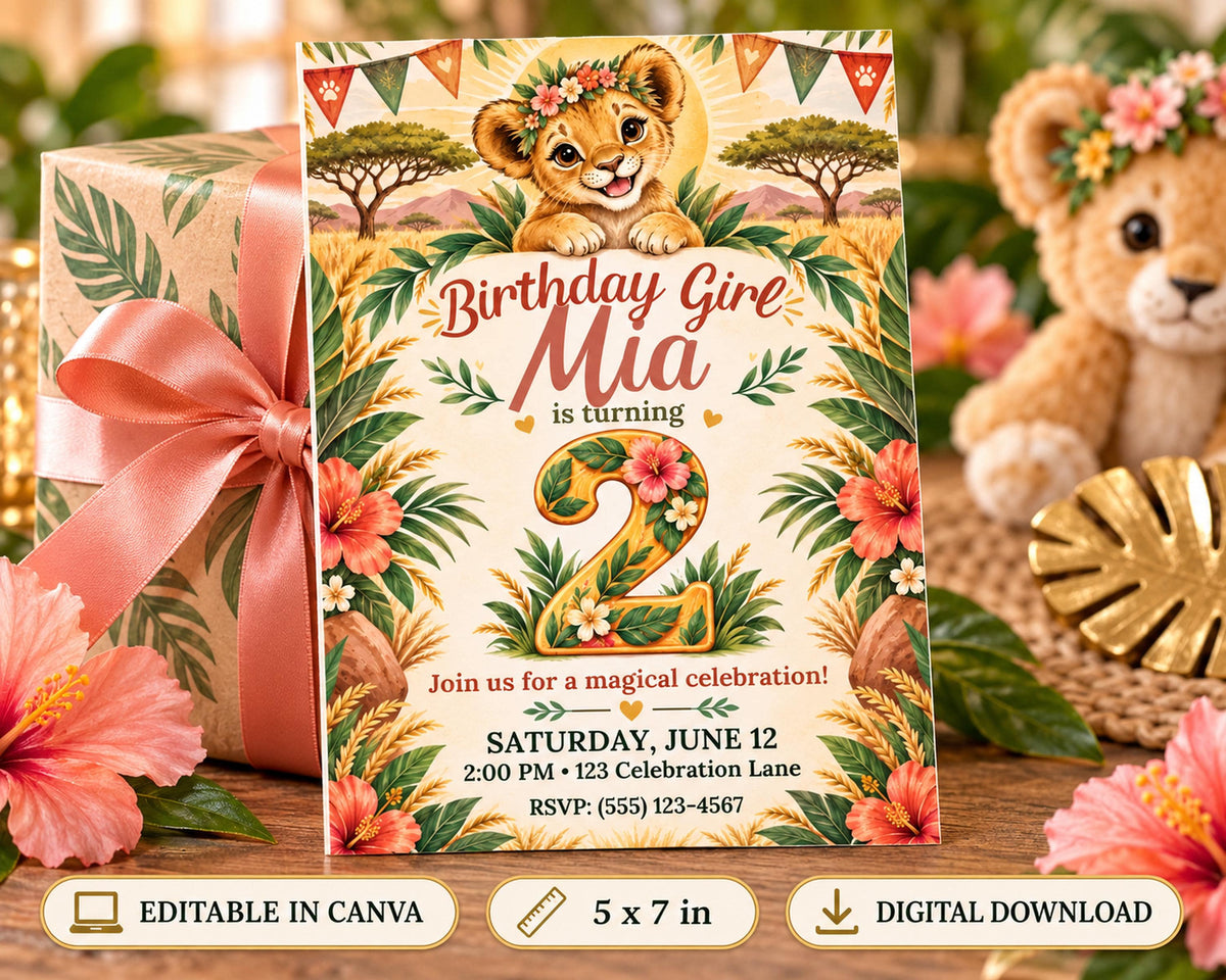 Birthday invitation for a girl named Mia turning 2, featuring a lion and tropical flowers, with a teddy bear in the background.