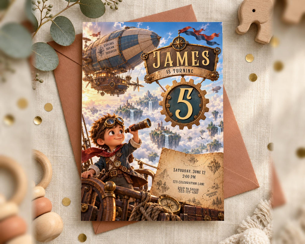 The image is a birthday invitation featuring a young boy in a steampunk-inspired outfit, with a steampunk airship and other fantastical elements.