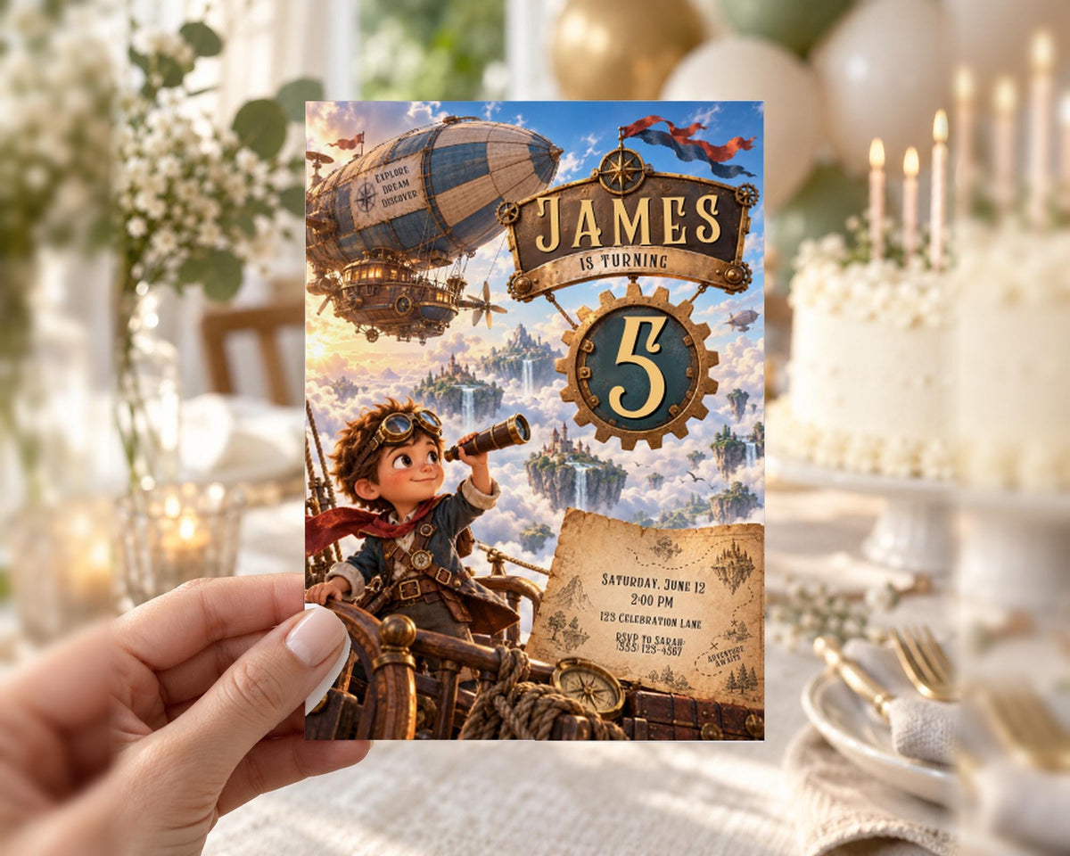 A hand holding a birthday invitation card with a steampunk theme, featuring a young boy in a steampunk-style outfit and a steampunk-style airship.
