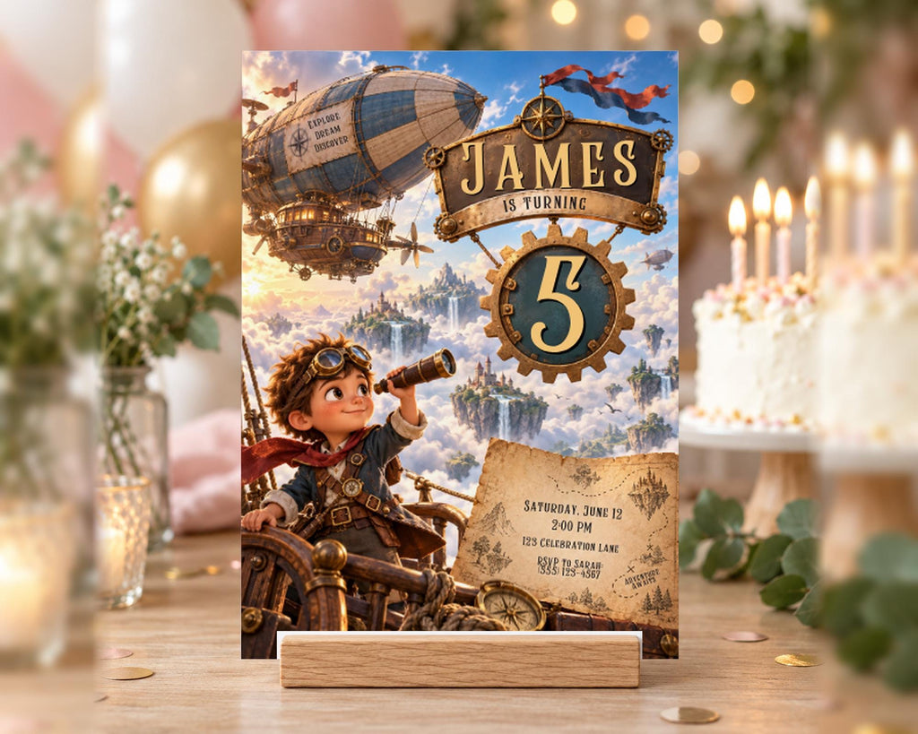 The image is a birthday invitation featuring a young boy in a steampunk-inspired outfit, with a steampunk airship and other fantastical elements.