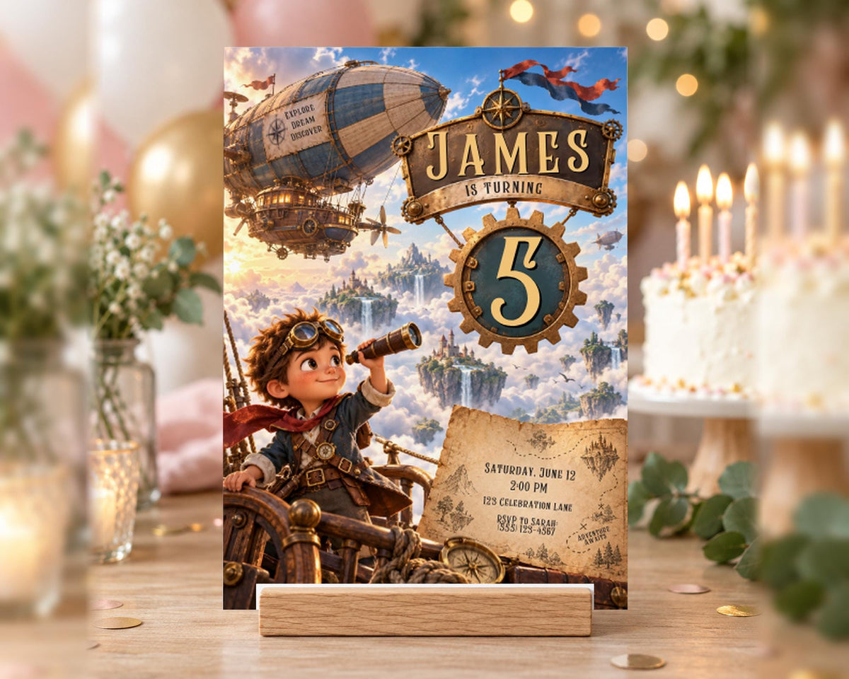 The image is a birthday invitation featuring a young boy in a steampunk-inspired outfit, with a steampunk airship and other fantastical elements.