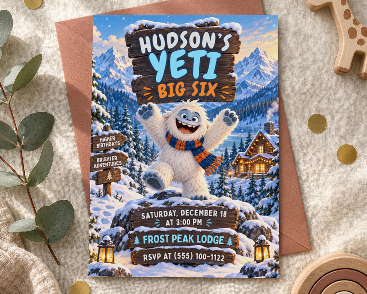 The image is a birthday invitation featuring a cartoon yeti character, with a snowy mountain landscape and a wooden sign in the background.