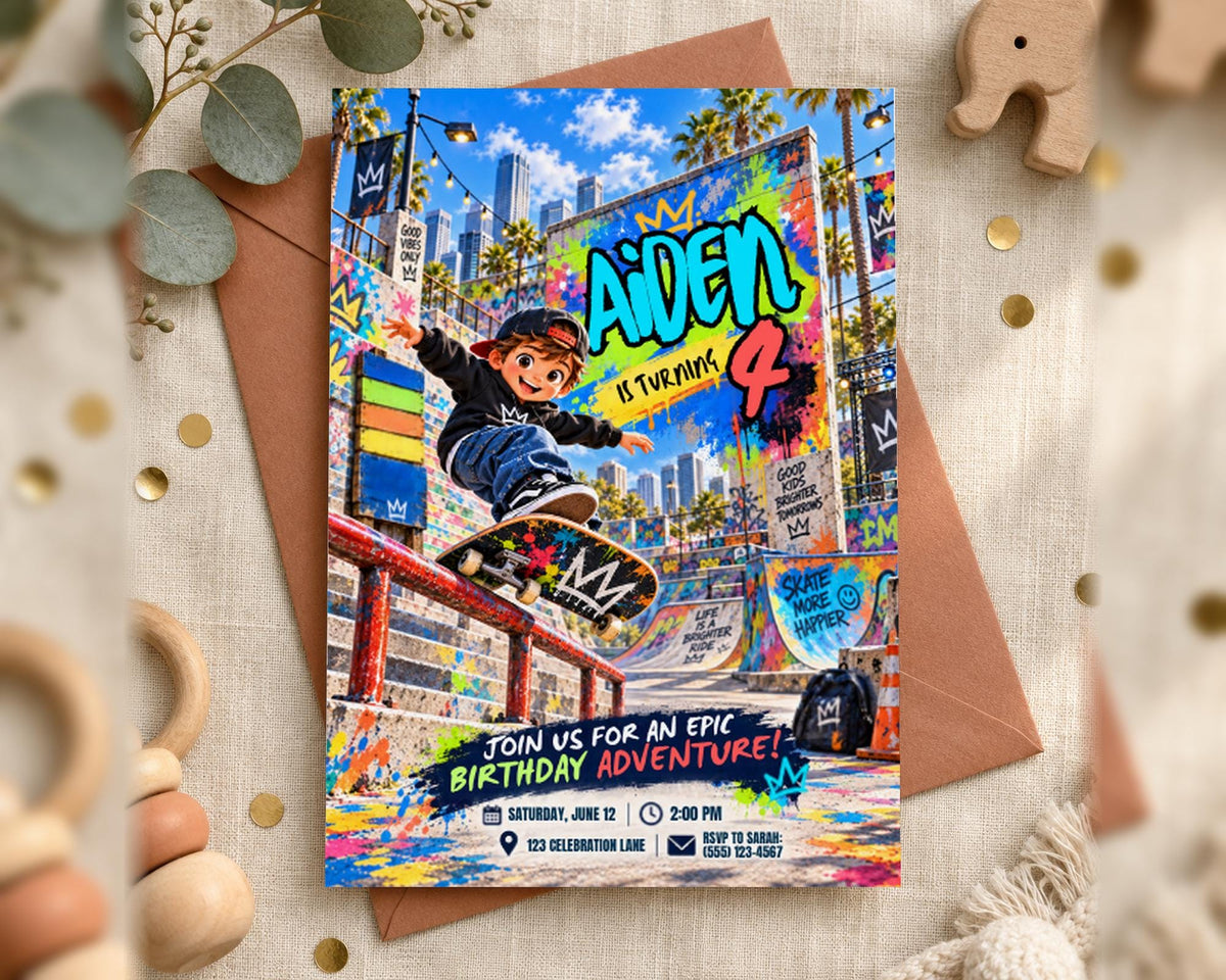 A colorful birthday party invitation featuring a cartoon skateboarder performing a trick on a ramp, surrounded by graffiti and urban elements.