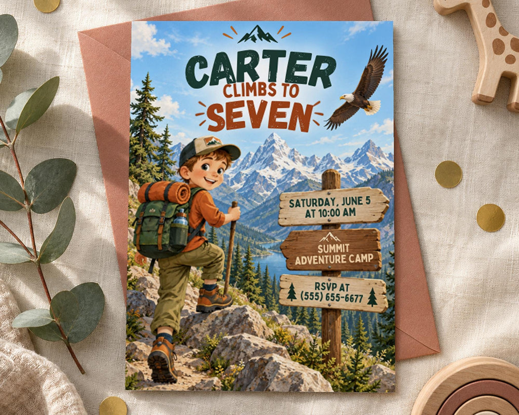 A birthday party invitation featuring a cartoon boy hiking up a mountain with a bird in the background, surrounded by nature and mountains.