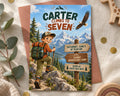 A birthday party invitation featuring a cartoon boy hiking up a mountain with a bird in the background, surrounded by nature and mountains.