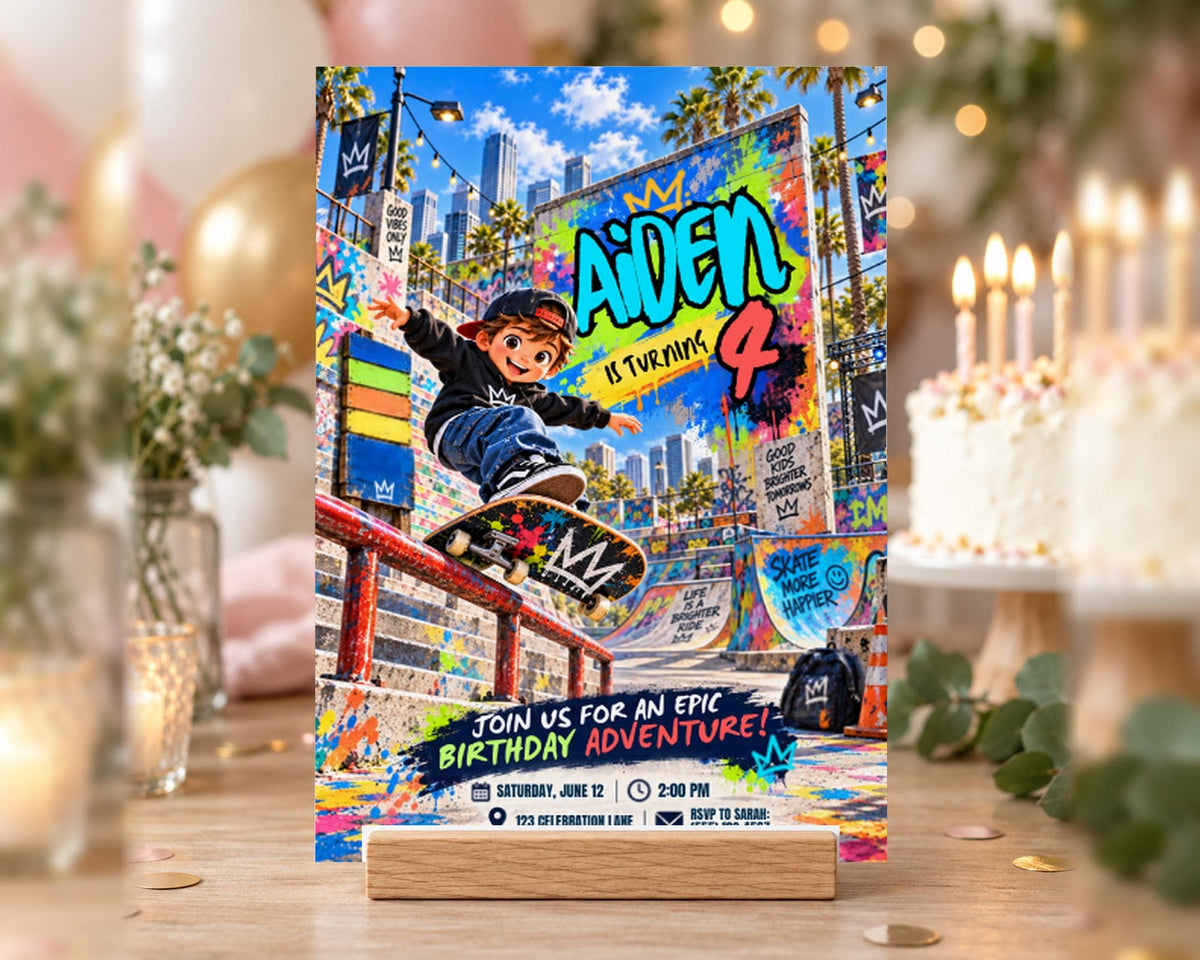 A colorful birthday party invitation featuring a skateboarder performing a trick, with a cake and balloons in the background.