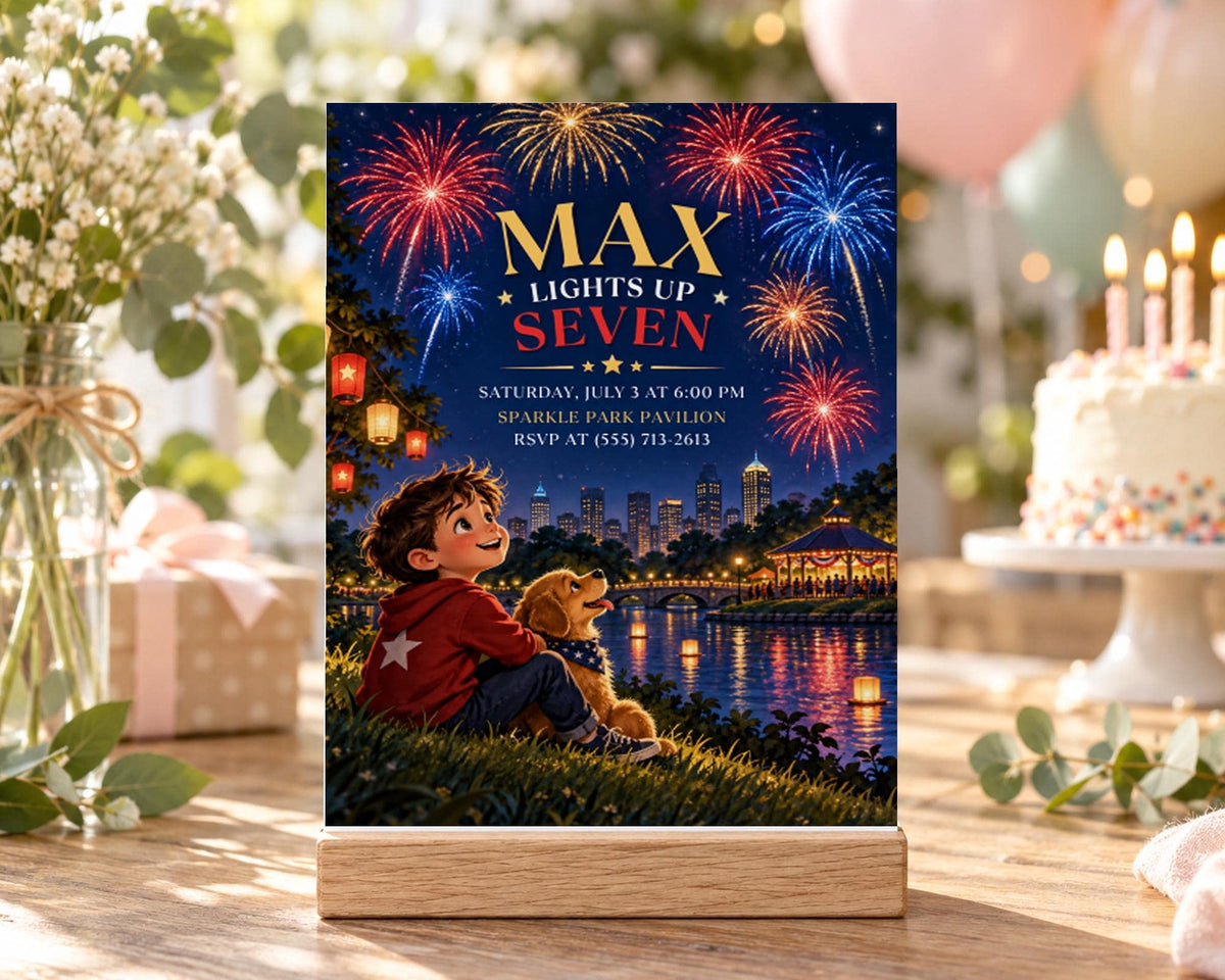The image is a birthday invitation featuring a boy sitting on the grass and watching fireworks in the night sky.