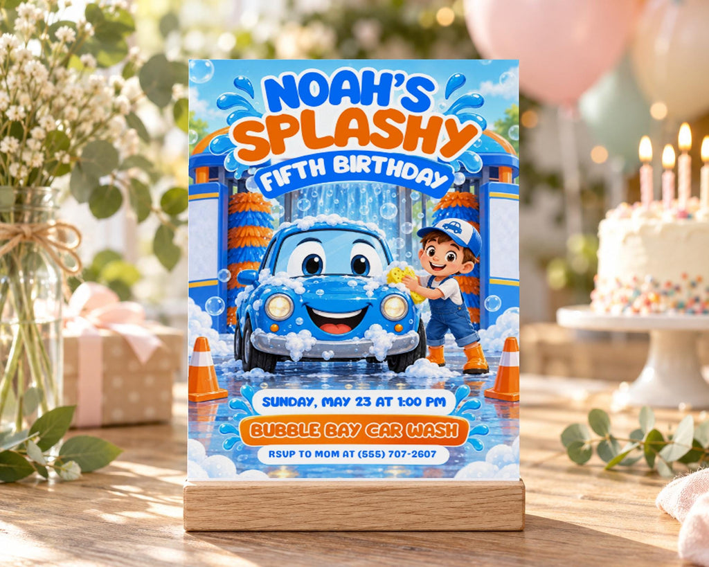 The image is a birthday party invitation for Noah's fifth birthday, featuring a car wash theme with a cartoon car and a young boy washing it.