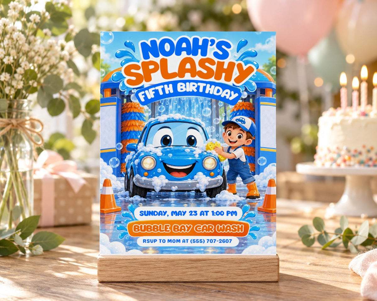 The image is a birthday party invitation for Noah's fifth birthday, featuring a car wash theme with a cartoon car and a young boy washing it.