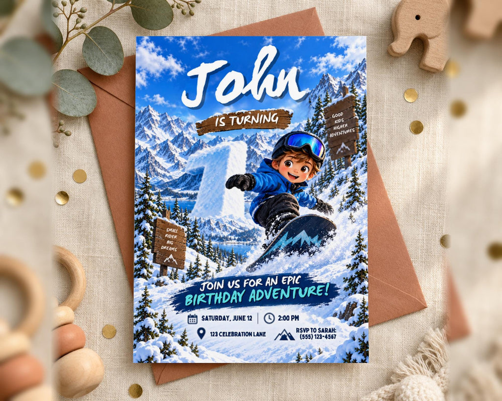 A birthday party invitation featuring a snowboarder theme, with a young boy's name and the text "John is turning 1" prominently displayed.