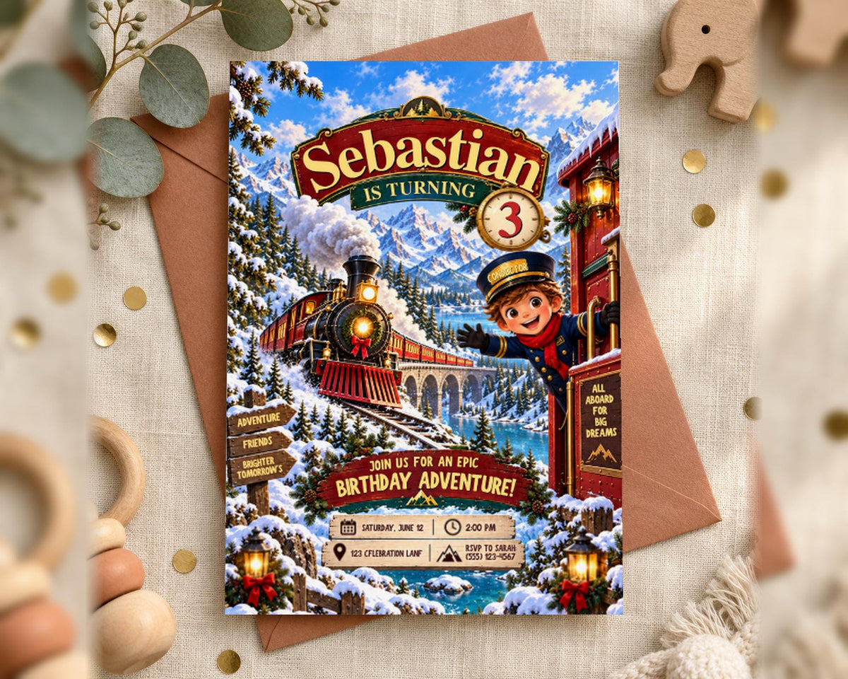 The image is a birthday invitation for a child named Sebastian, featuring a train and snowy mountains as the backdrop.
