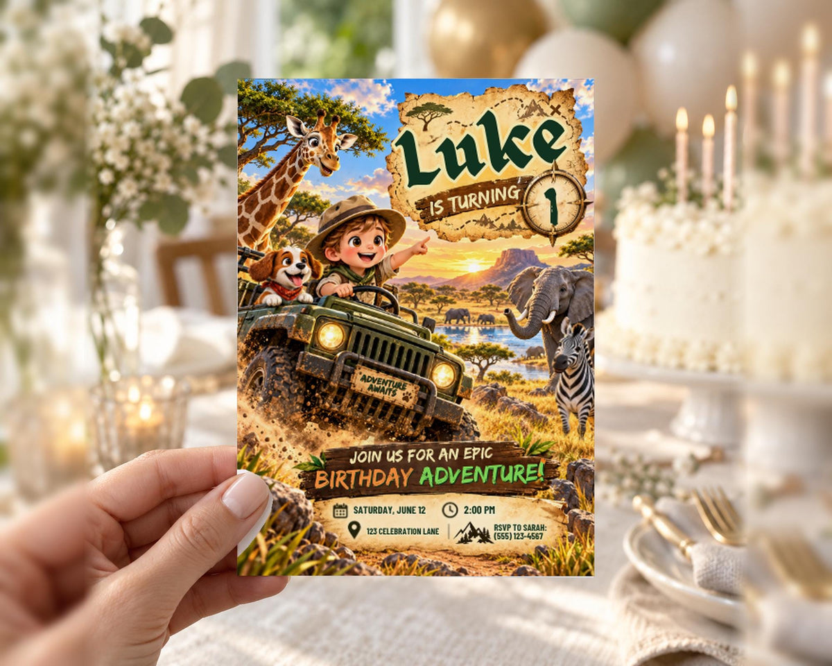 A hand holding a birthday invitation card with a jungle-themed illustration and text.