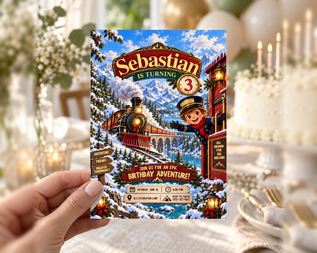 A hand holding a birthday invitation card with a train theme, featuring a train, a young boy, and a snowy landscape.