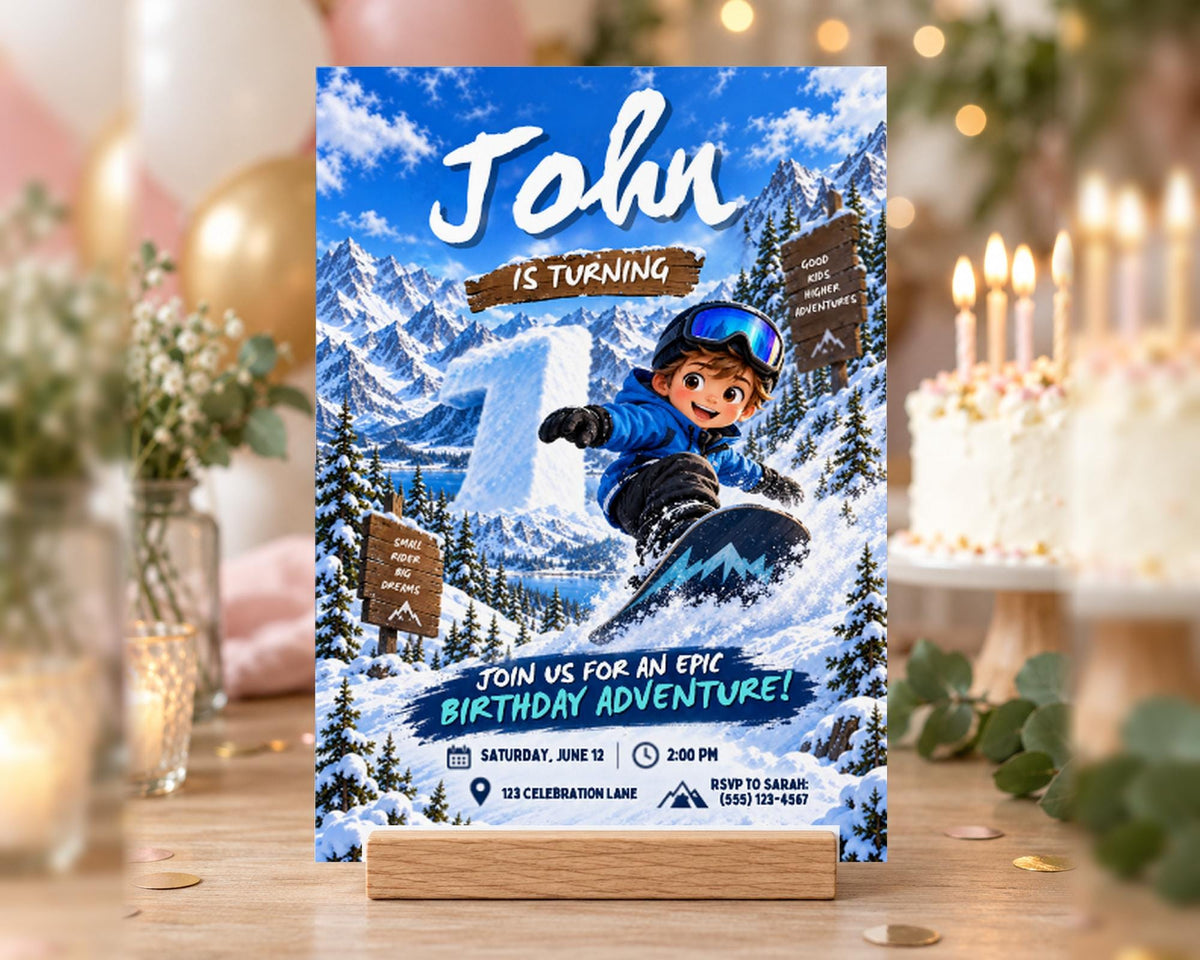 A birthday party invitation featuring a snowboarder theme, with a blue sky, snow-covered mountains, and a young boy riding a snowboard.