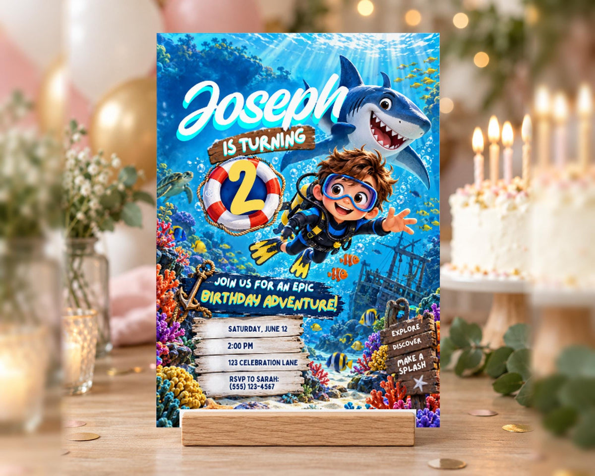 A birthday party invitation featuring a young boy in scuba diving gear, surrounded by a vibrant underwater scene with a shark and colorful marine life.