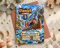 The image is a birthday invitation featuring a cartoon character on a boat, surrounded by a castle, mountains, and a waterfall. The text on the invitation reads "Daniel is turning 1" and "Join us for an Epic Birthday Adventure!"