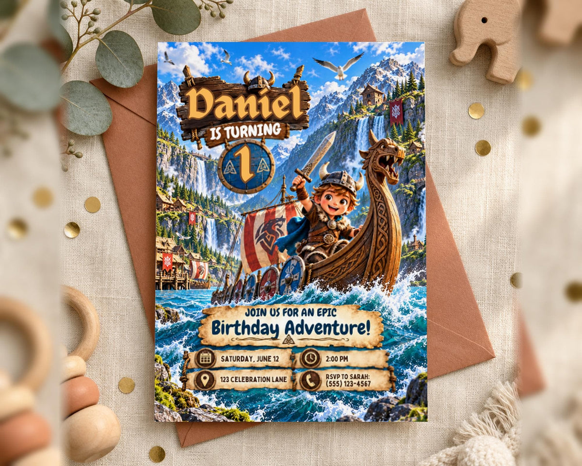 The image is a birthday invitation featuring a cartoon character on a boat, surrounded by a castle, mountains, and a waterfall. The text on the invitation reads "Daniel is turning 1" and "Join us for an Epic Birthday Adventure!"