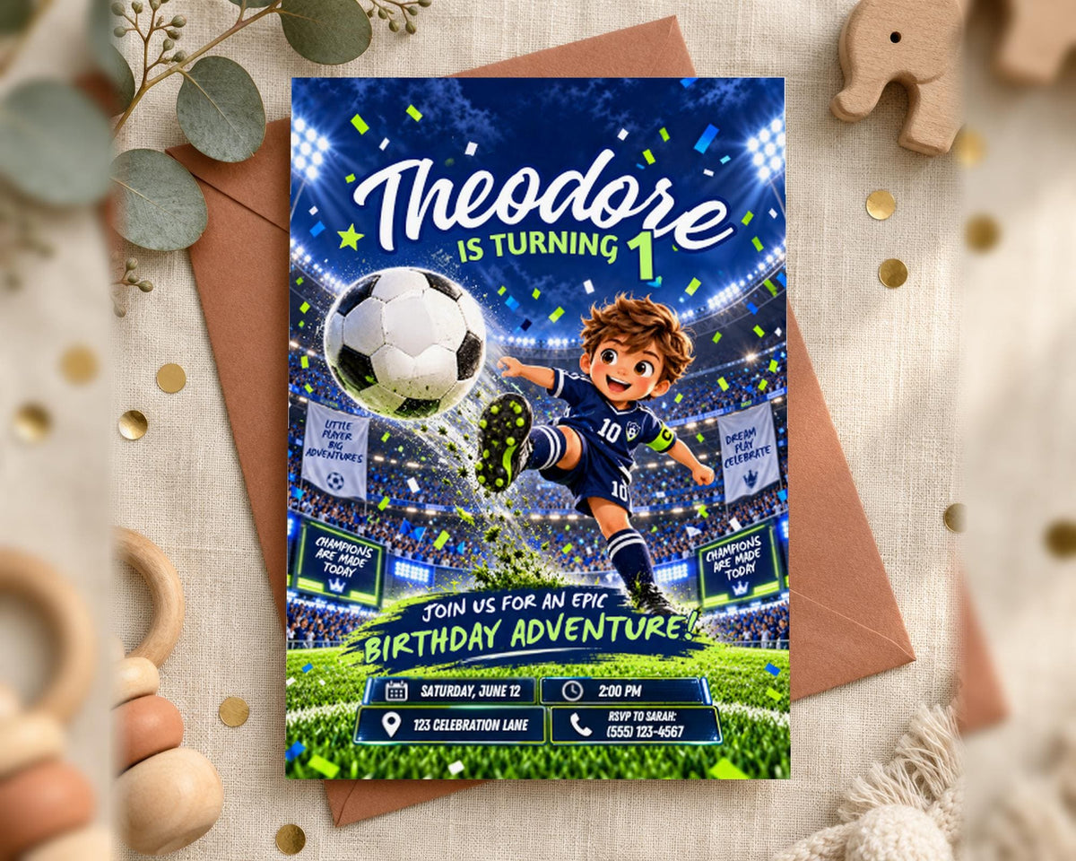 A birthday party invitation featuring a cartoon soccer player, with a soccer ball, a stadium, and confetti-like elements.