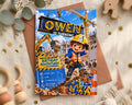 The image is a birthday invitation featuring a cartoon character, likely Owen, who is turning 4 years old. The invitation is set against a construction site backdrop, with a crane and other construction equipment visible. The invitation includes details about the birthday party, such as the date, time, and location, as well as a list of RSVPs and contact information.