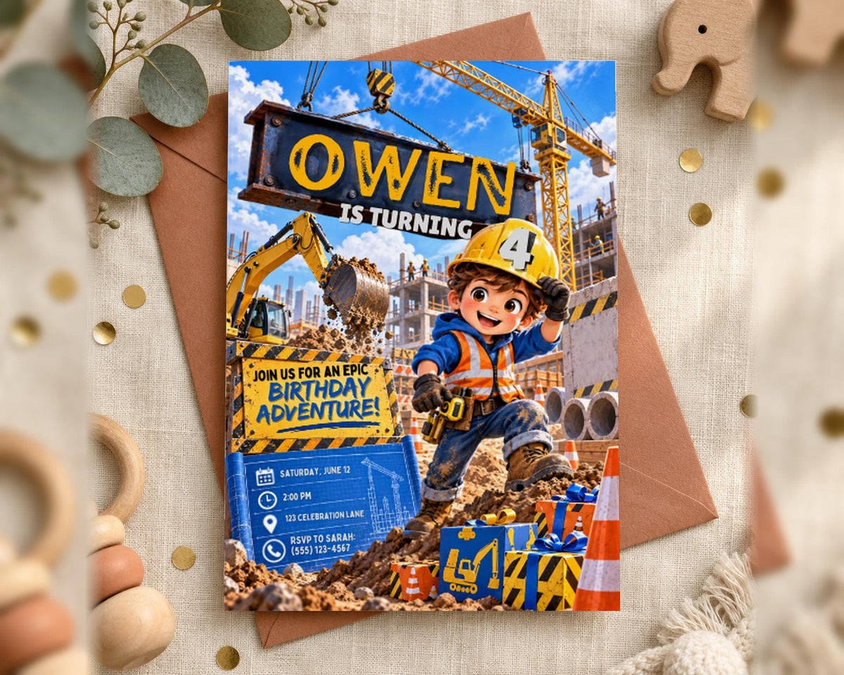 The image is a birthday invitation featuring a cartoon character, likely Owen, who is turning 4 years old. The invitation is set against a construction site backdrop, with a crane and other construction equipment visible. The invitation includes details about the birthday party, such as the date, time, and location, as well as a list of RSVPs and contact information.