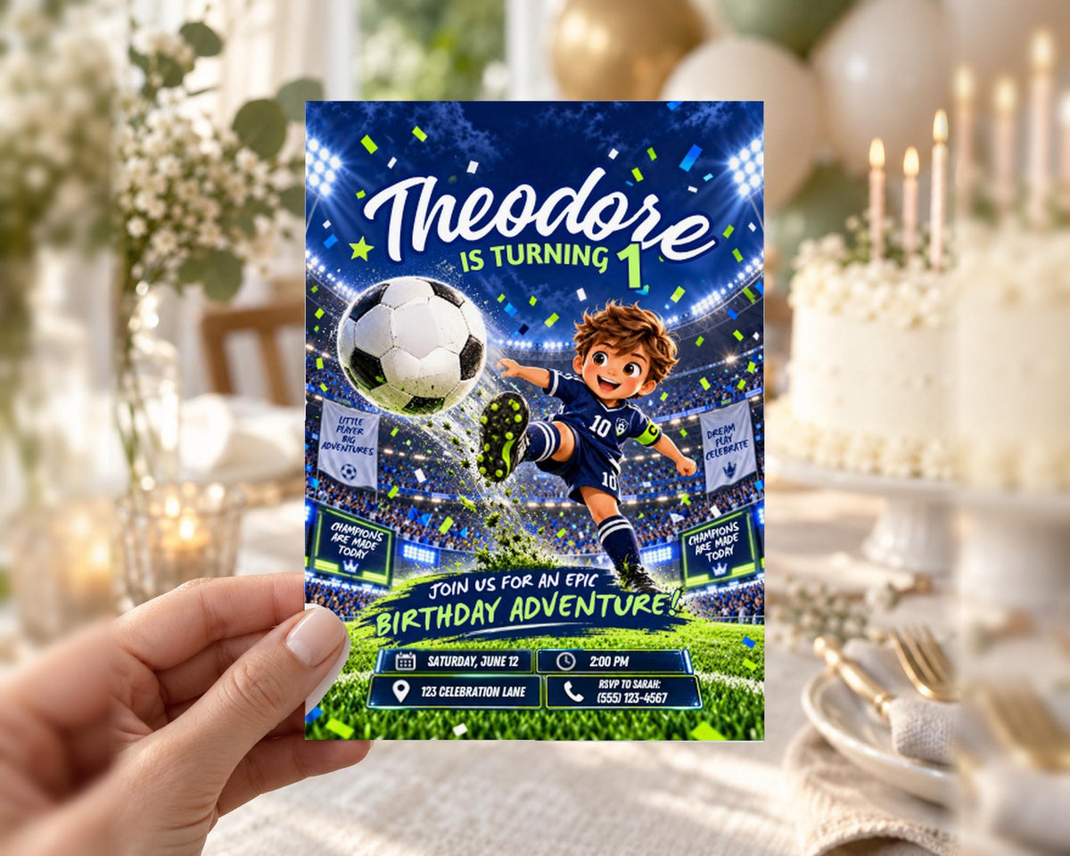 A hand holding a birthday party invitation featuring a cartoon soccer player and a soccer ball, with a birthday cake and balloons in the background.
